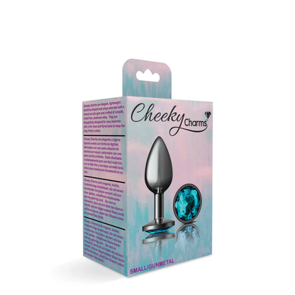 Cheeky Charms Small Teardrop Shaped Anal Plug with Teal Acrylic Gemstone - Gunmetal
