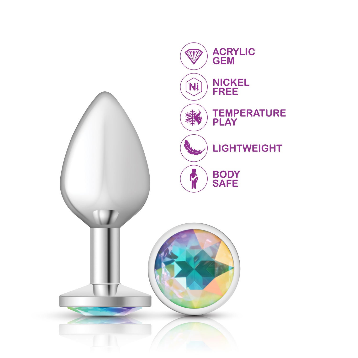 Cheeky Charms Medium Silver Metal Anal Plug with Clear Iridescent Gemstone
