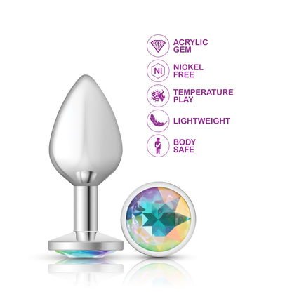 Cheeky Charms Medium Silver Metal Anal Plug with Clear Iridescent Gemstone