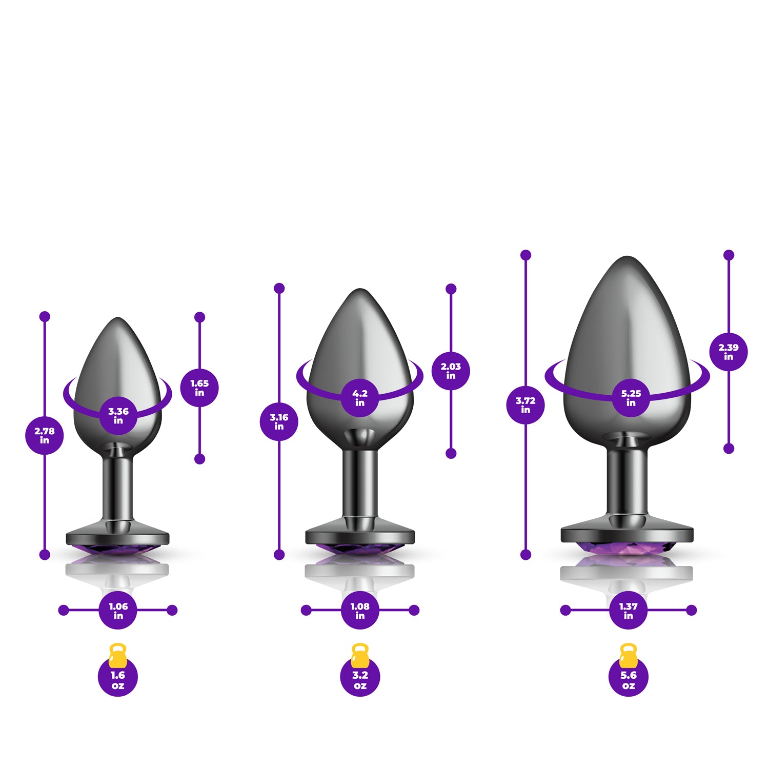 Purple Round Gem Anal Trainer Kit – Gunmetal – Tapered Anal Plugs