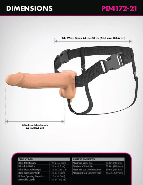 Pipedream Fantasy X-Tensions Elite 8" Vibrating Hollow Silicone Strap-On - Beige