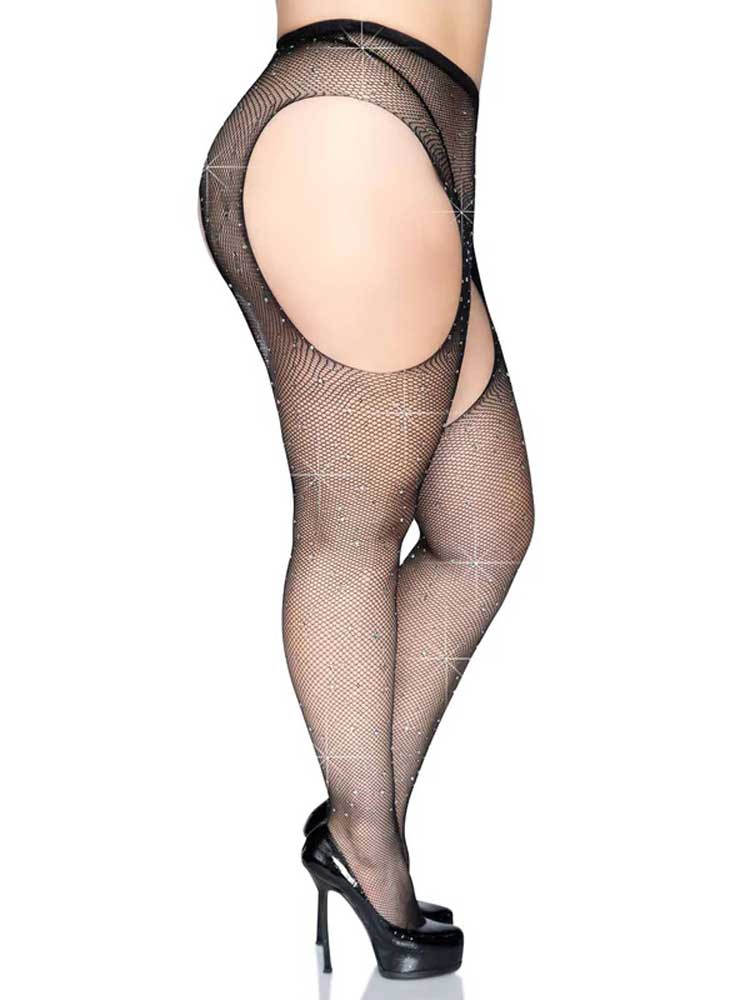 Leg Avenue Casey Rhinestone Fishnet Suspender Pantyhose - Queen Size - Black