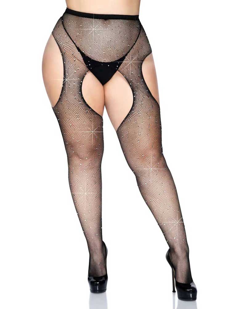 Leg Avenue Casey Rhinestone Fishnet Suspender Pantyhose - Queen Size - Black