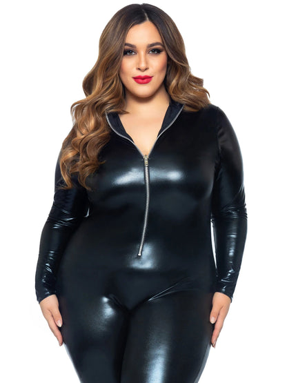 Leg Avenue Lame Zipper Front Catsuit - Costume Bodysuit - Black - 1X/2X
