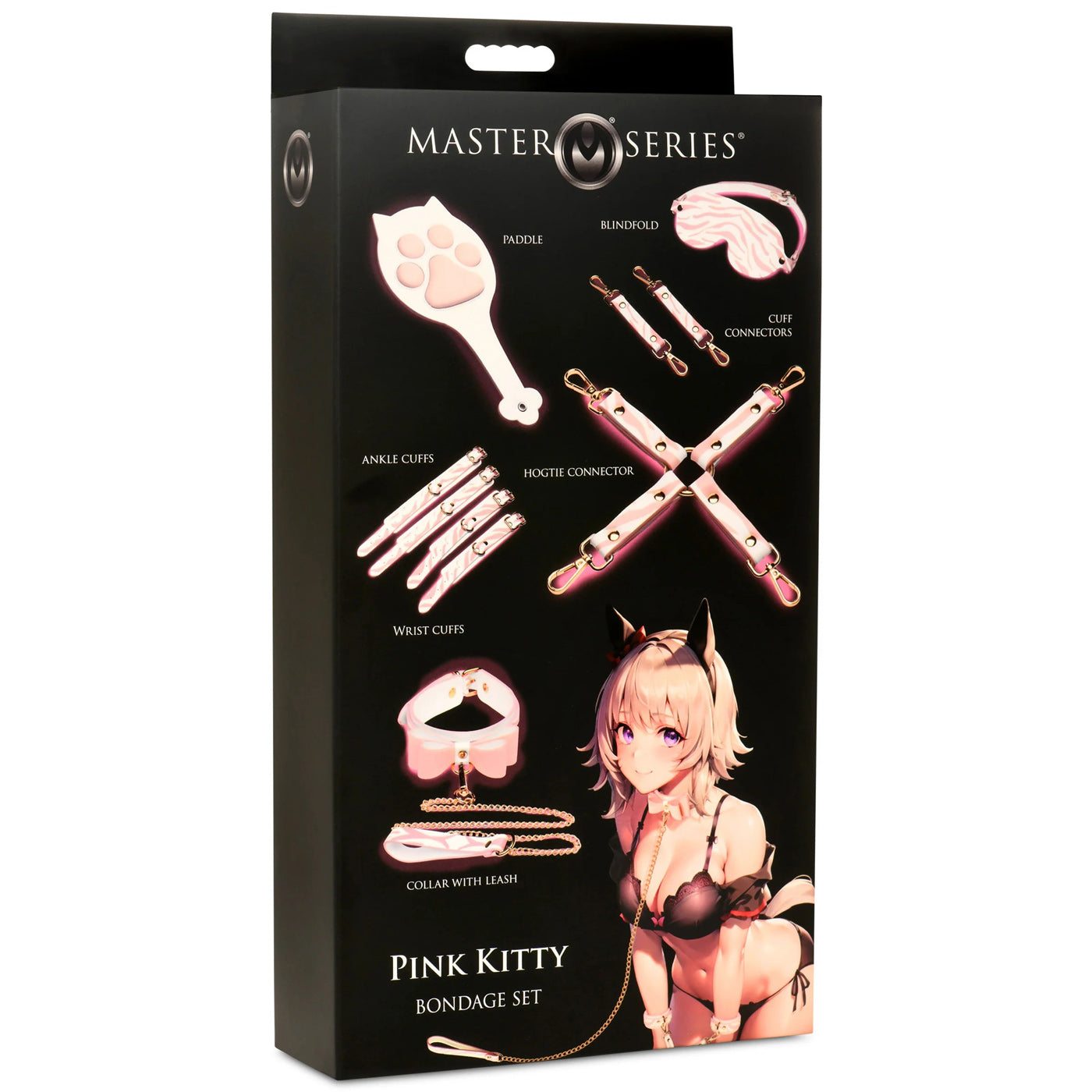 XR Brands Pink Kitty Bondage Set – Adjustable Cuffs, Collar, and Paddle – White/Pink