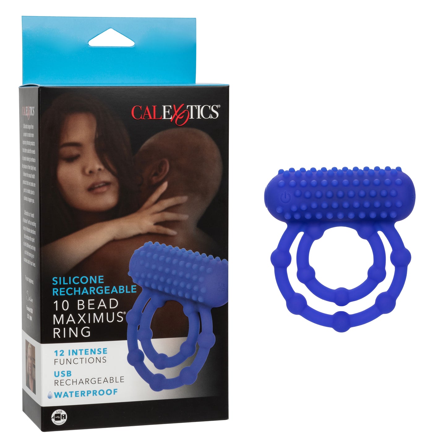 CalExotics Silicone Rechargeable 10 Bead Maximus Ring – Blue – Vibrating Cock Ring