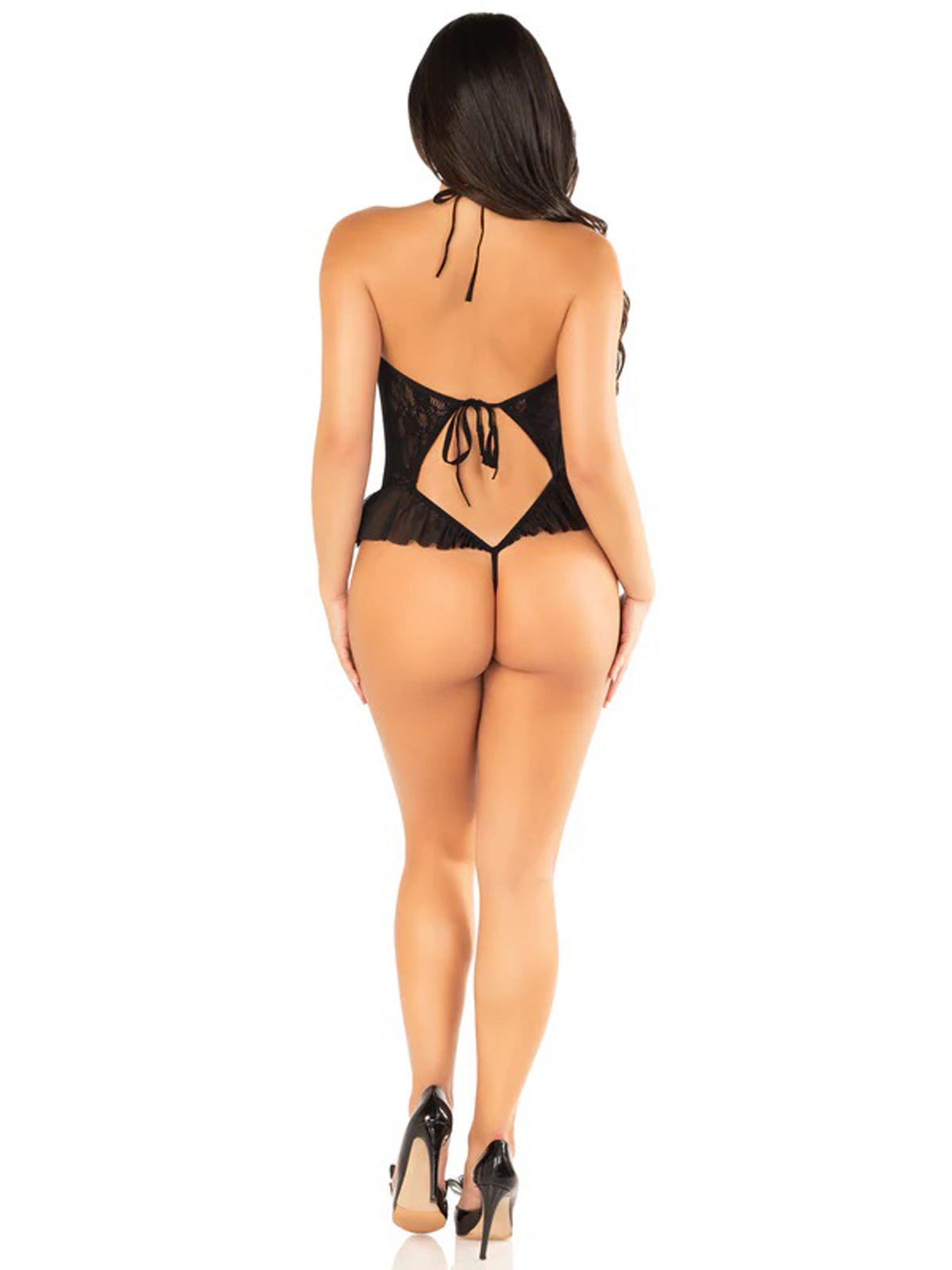Leg Avenue Black Floral Lace Halter Bodysuit with Mini Bow Detail