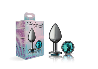 Cheeky Charms Teal Round Gem Gunmetal Metal Anal Plug - Medium
