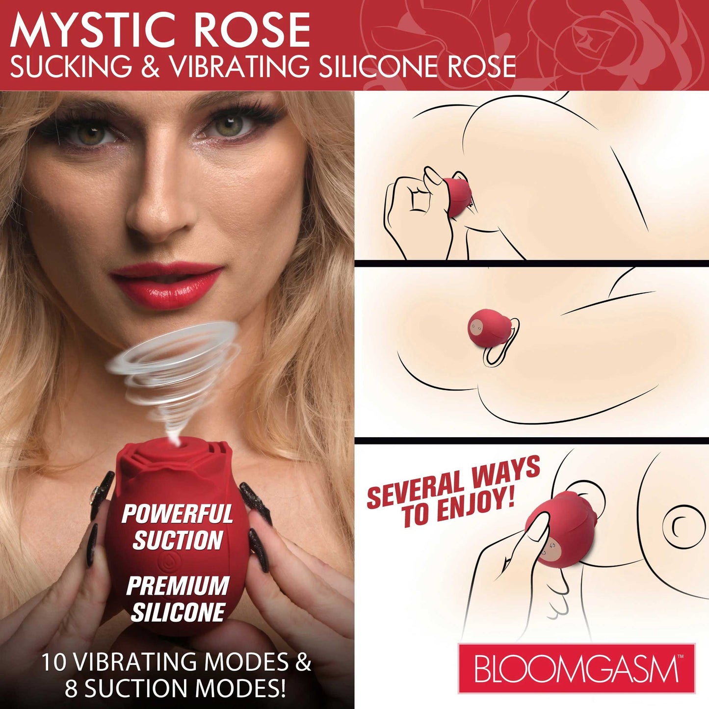 Mystic Rose Sucking and Vibrating Silicone Rose - Red - Multi-Function Toy