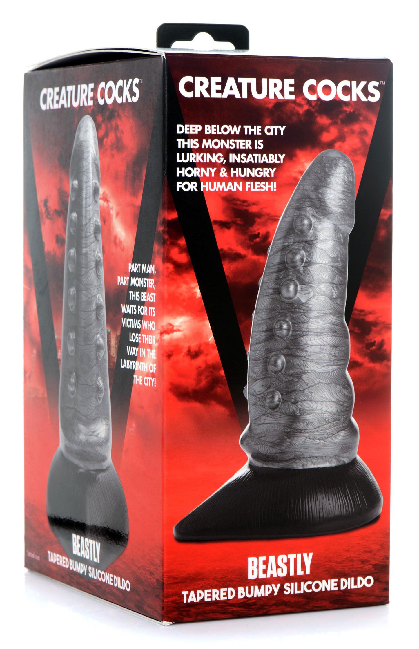 Beastly Tapered Bumpy Silicone Dildo - Silver - Tapered Design with Suction Cup Base