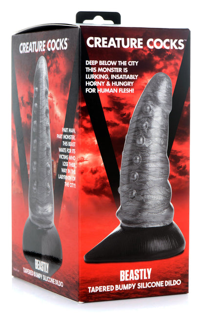Beastly Tapered Bumpy Silicone Dildo - Silver - Tapered Design with Suction Cup Base