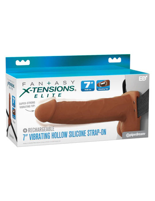 Pipedream Fantasy X-Tensions Elite 7" Vibrating Hollow Silicone Strap-on - Brown