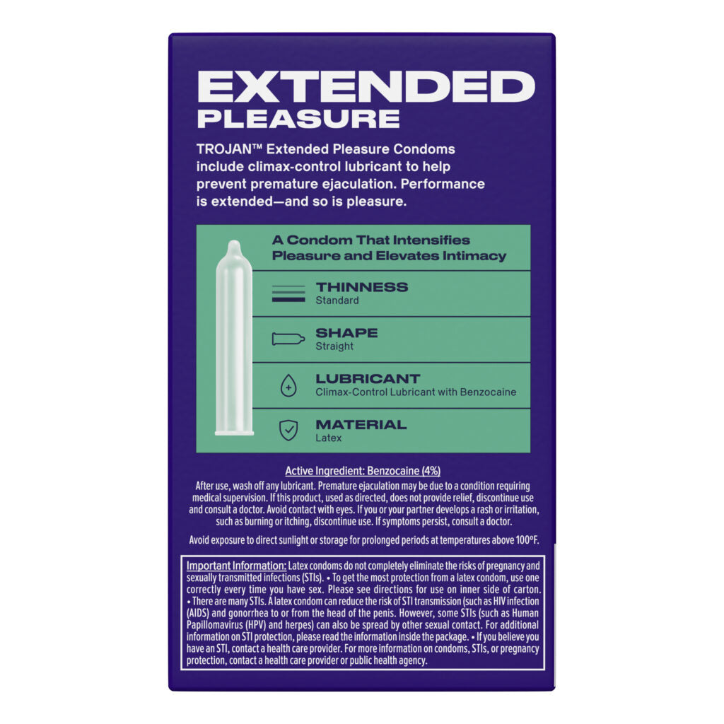 Trojan Extended Pleasure Condoms - Climax Control Lubricant - 12 Pack