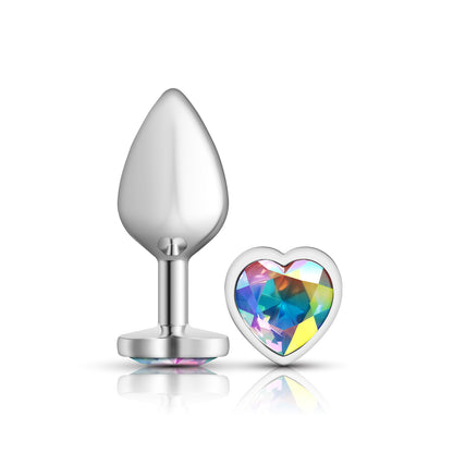 Cheeky Charms Medium Silver Metal Anal Plug with Clear Iridescent Gemstone