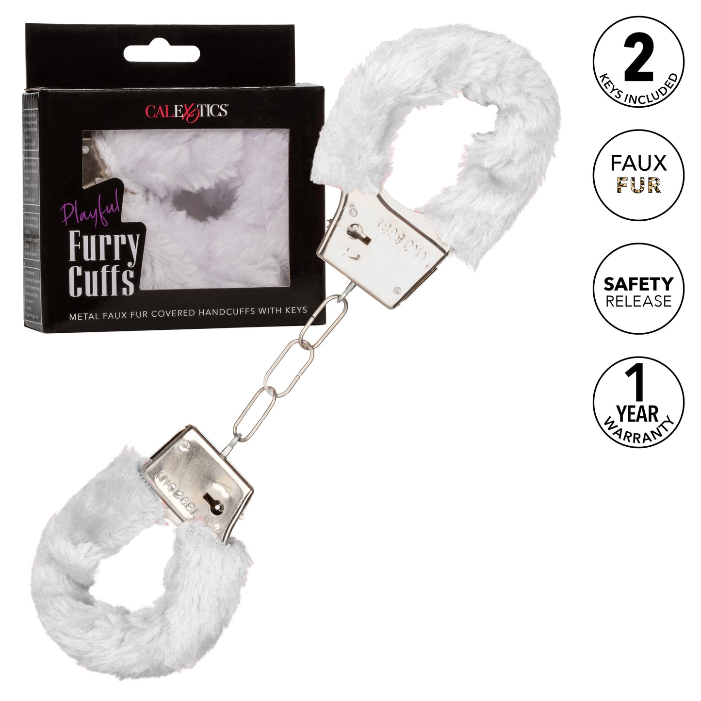 CalExotics Playful Furry Cuffs - Metal Handcuffs with Safety Release - White