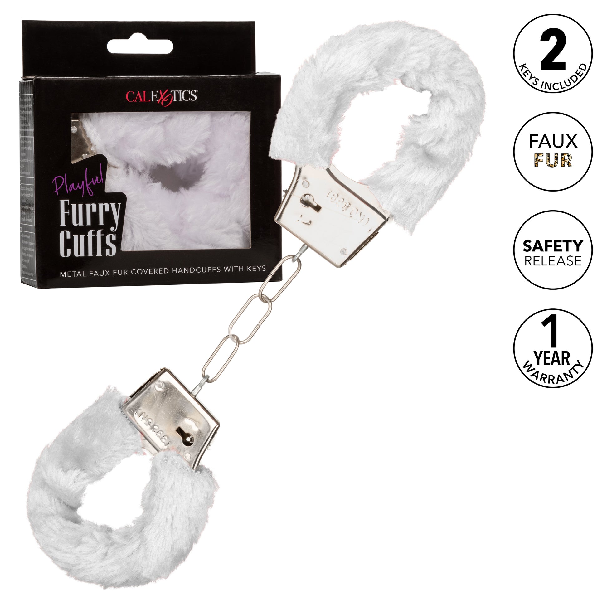 CalExotics Playful Furry Cuffs - Metal Handcuffs with Safety Release - White