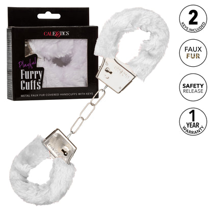 CalExotics Playful Furry Cuffs - Metal Handcuffs with Safety Release - White