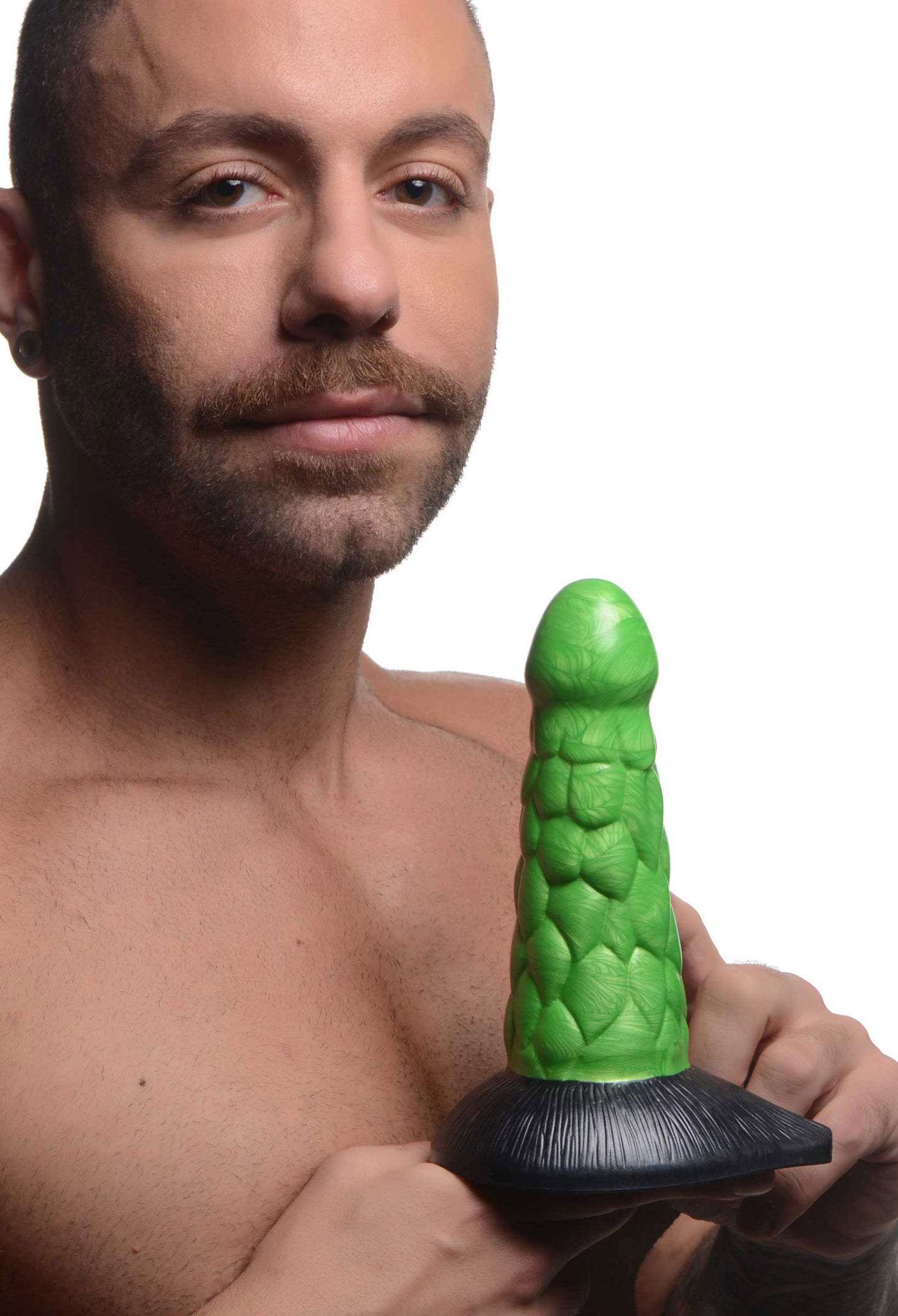XR Brands Radioactive Reptile Thick Scaly Silicone Dildo - Green - Suction Cup and Harness Compatible