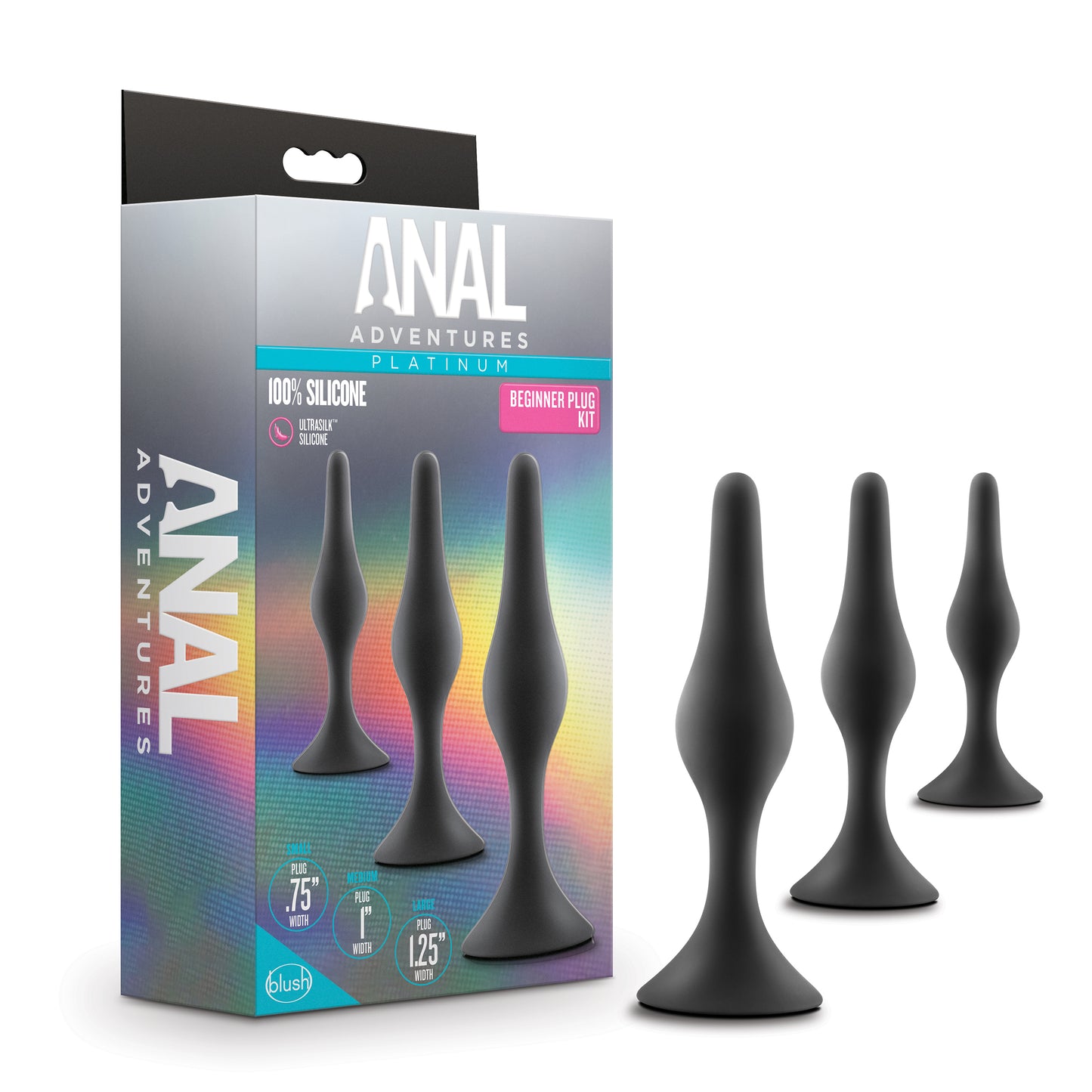 Anal Adventures Platinum Silicone Beginner Plug Kit - Black - Three Graduated Sizes
