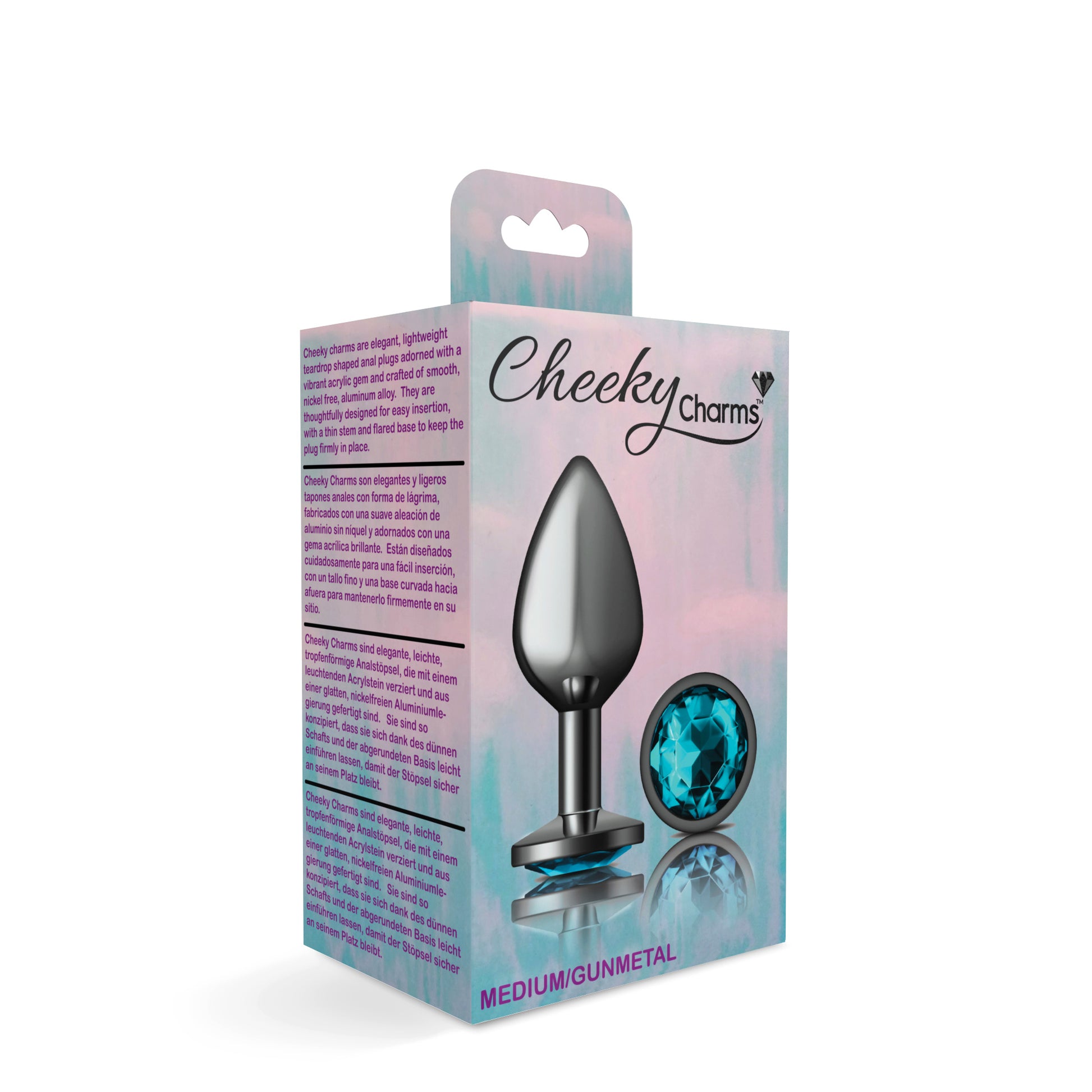 Cheeky Charms Teal Round Gem Gunmetal Metal Anal Plug - Medium