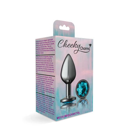 Cheeky Charms Teal Round Gem Gunmetal Metal Anal Plug - Medium