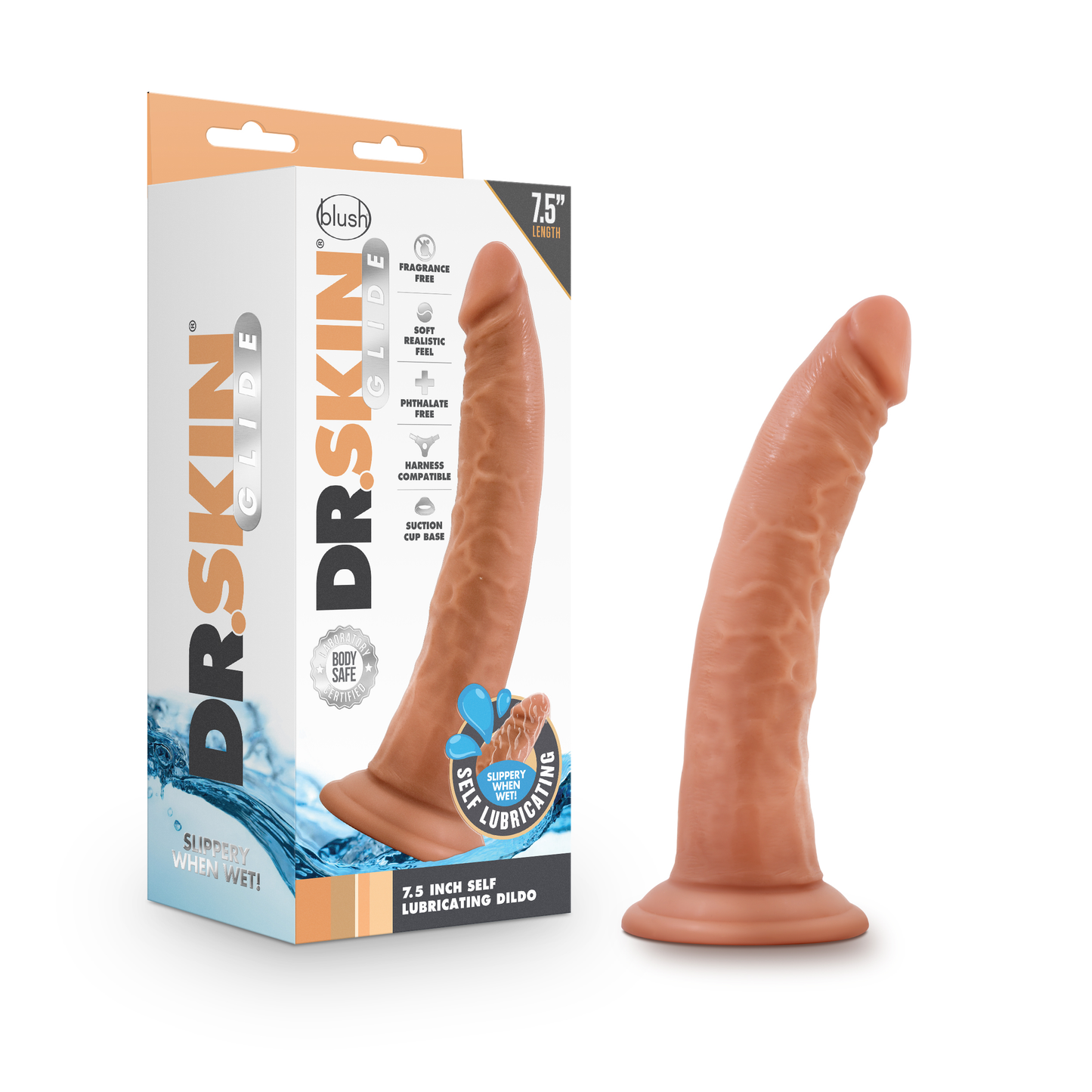 Dr. Skin Glide 7.5 Inch Self Lubricating Dildo - Mocha - Realistic Design with Suction Cup Base