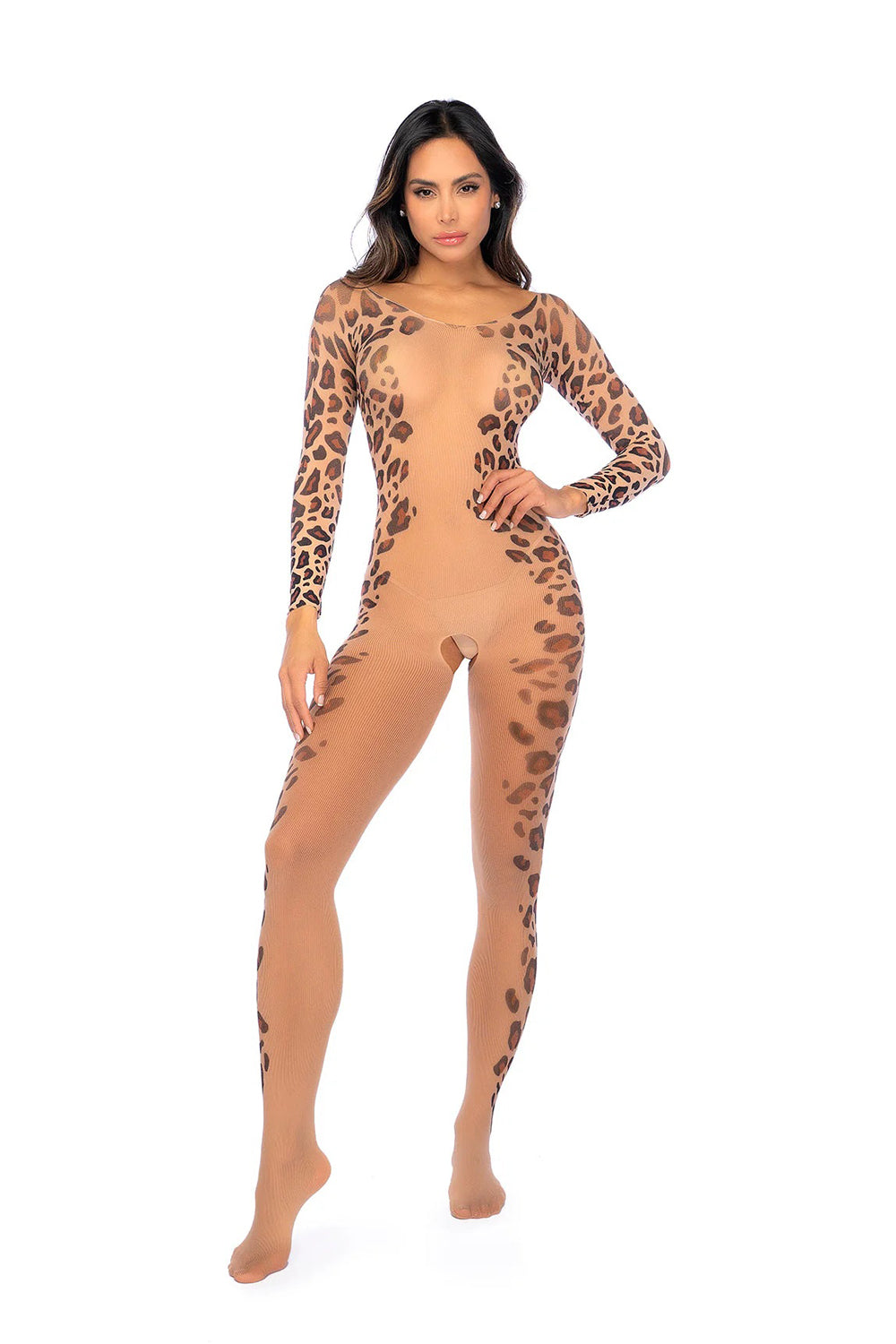 Mapale Long Print Sleeve Leopard Mesh Bodystocking - Open Crotch Design - Animal Print