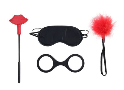 Sportsheets Ex's and Oh's Kiss Kit – Red – Includes Cuffs, Blindfold, Crop, and Feather Tickler