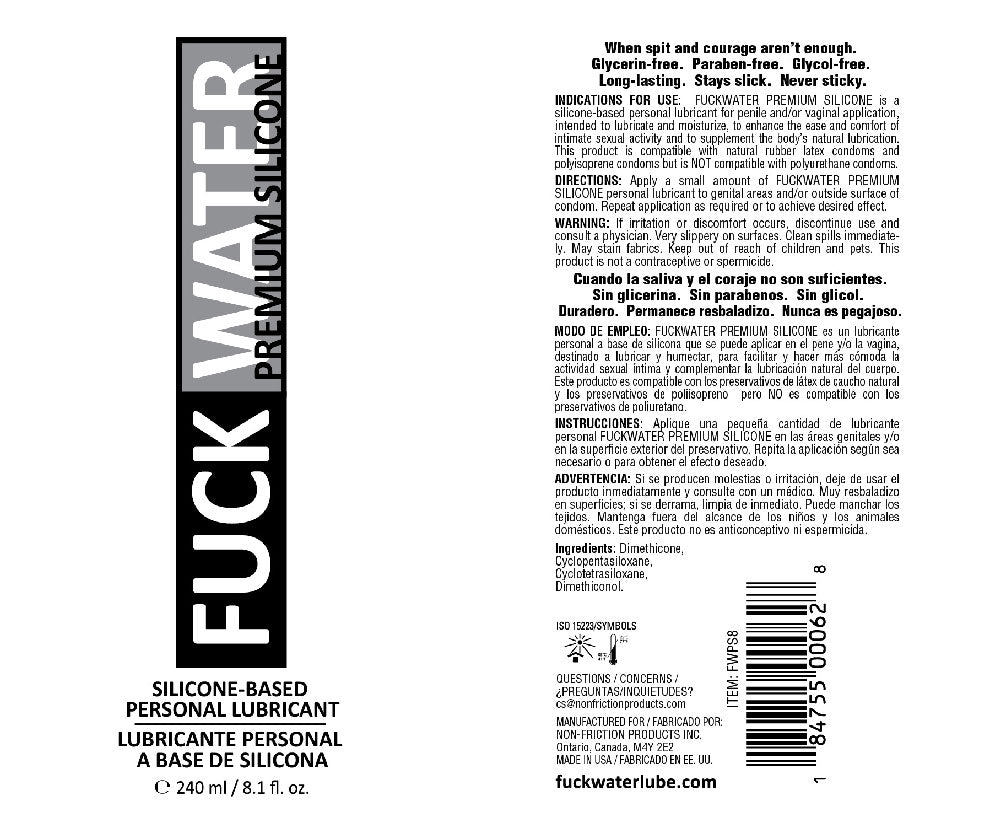 Fuck Water Premium Silicone Lubricant – 8 Fl. Oz. – Clear