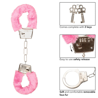 CalExotics Playful Furry Cuffs - Pink Metal Faux Fur Handcuffs with Safety Release