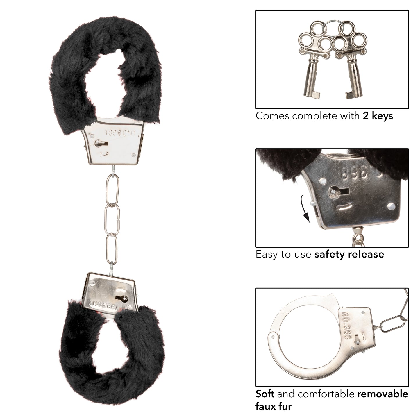CalExotics Playful Furry Cuffs - Black Metal Handcuffs with Faux Fur