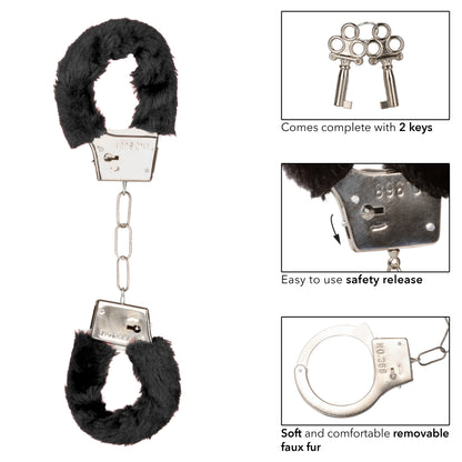 CalExotics Playful Furry Cuffs - Black Metal Handcuffs with Faux Fur