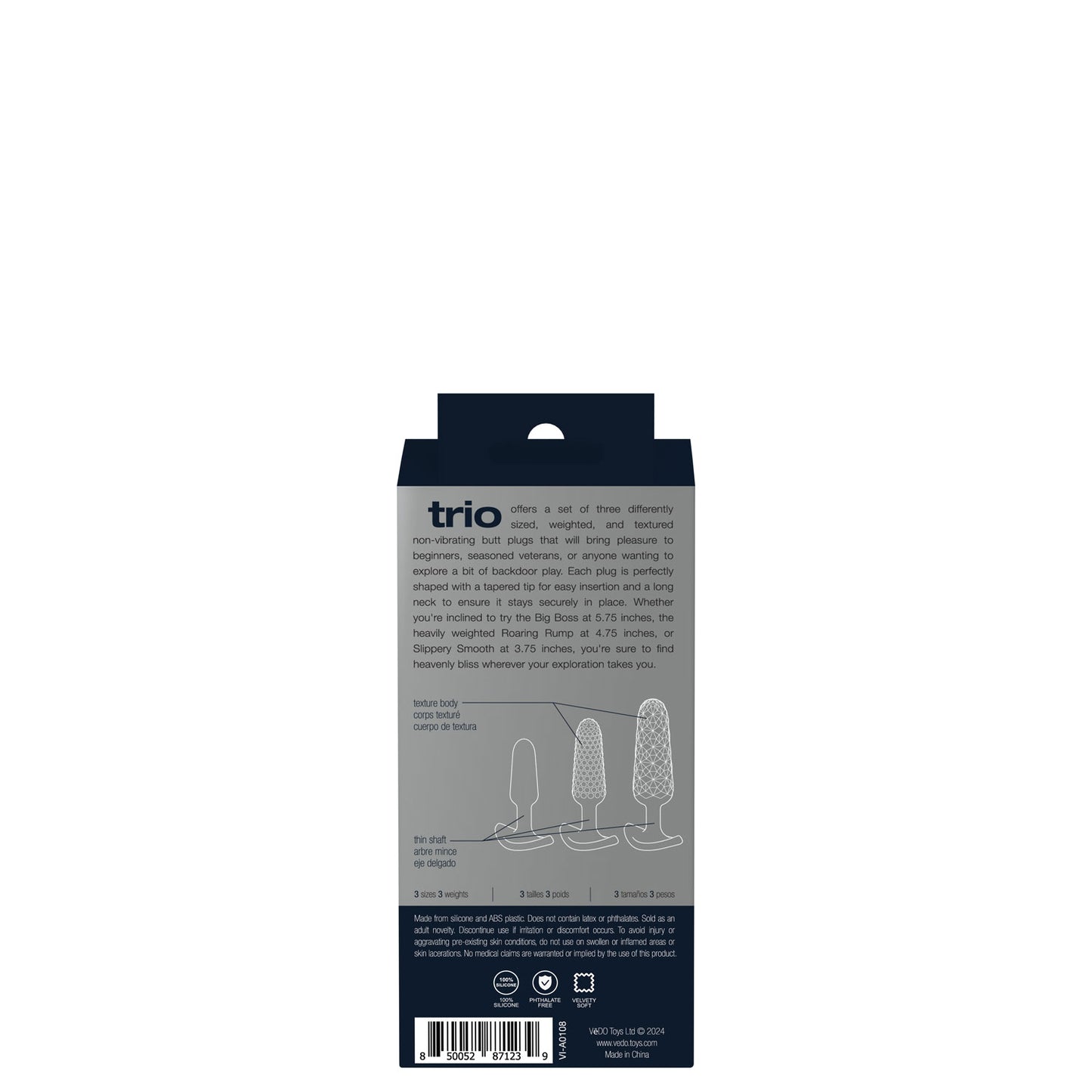VeDO Trio Non-Vibrating Butt Plug Set - Blue - Three Sizes with Tapered Tips