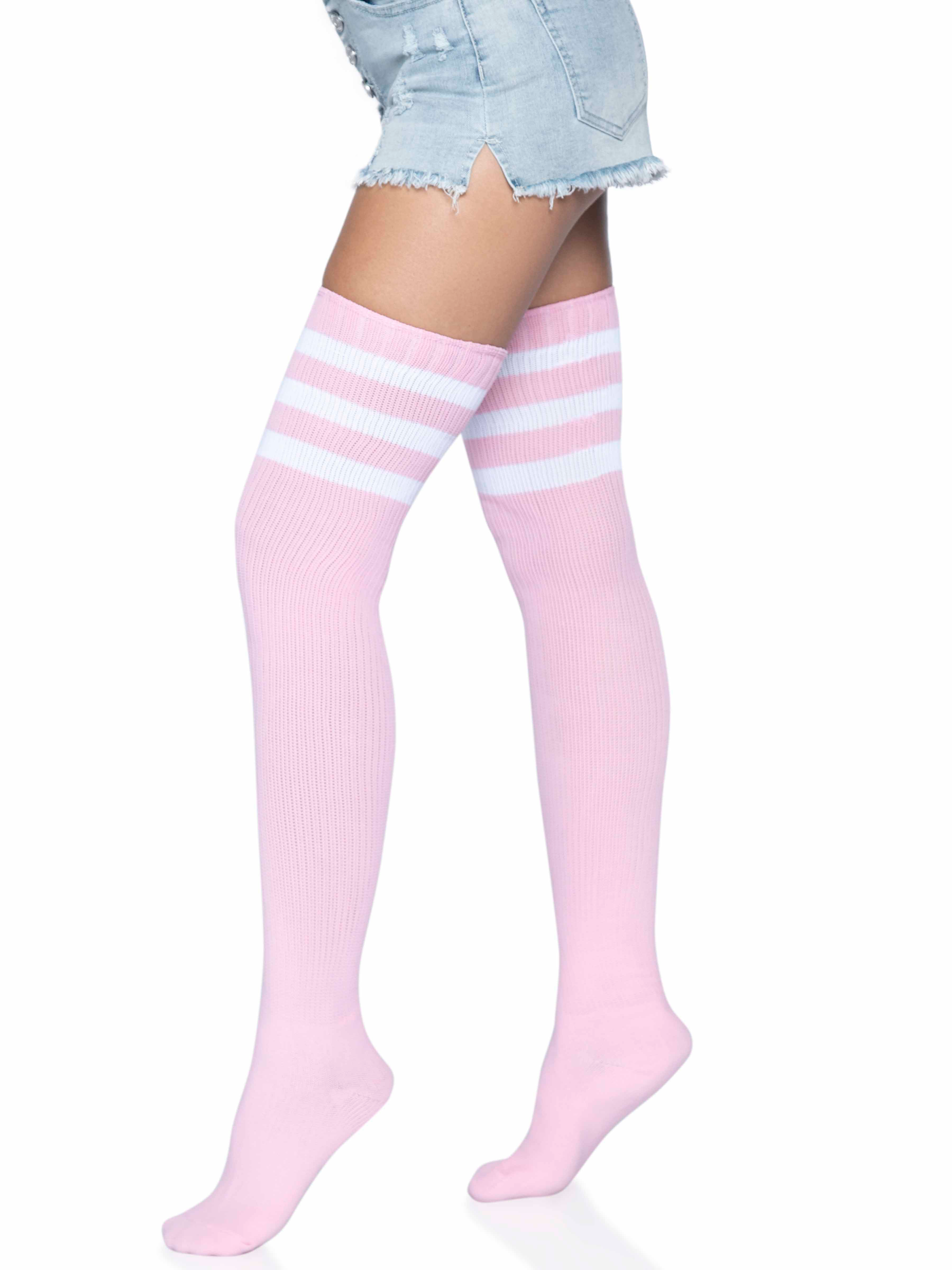 Leg Avenue 3 Stripes Athletic Ribbed Thigh Highs - Light Pink - One Size