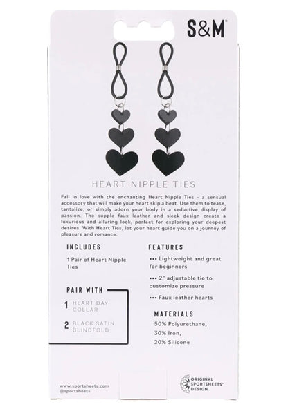 Sportsheets Heart Nipple Ties - Adjustable Faux Leather Ties - Black