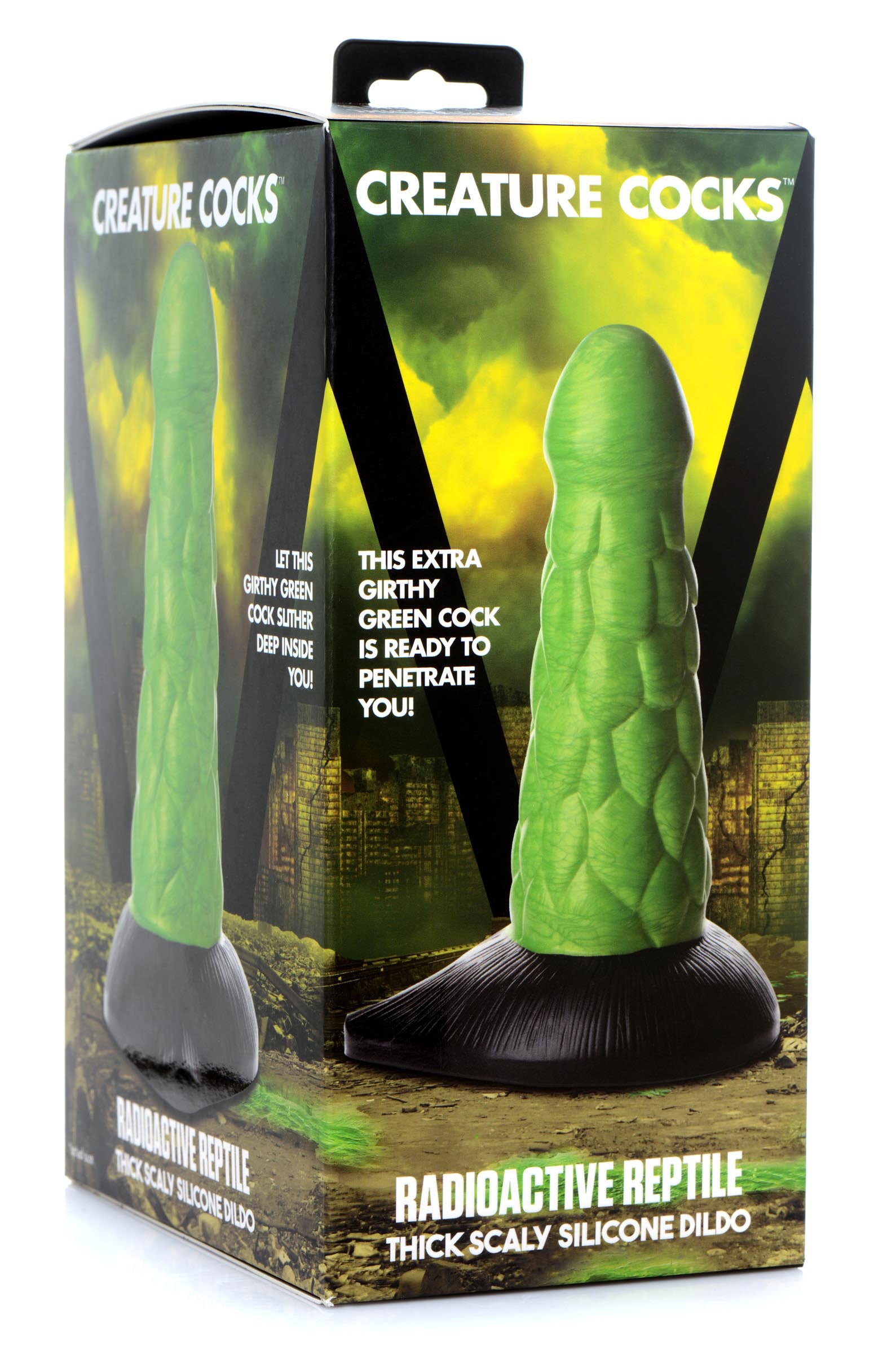 XR Brands Radioactive Reptile Thick Scaly Silicone Dildo - Green - Suction Cup and Harness Compatible
