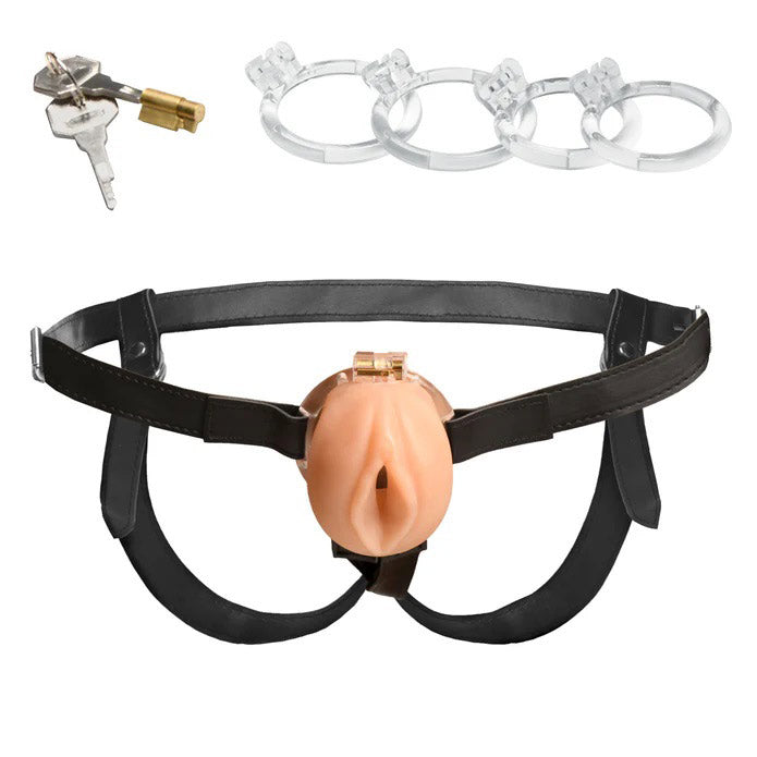 XR Brands Pussy Chastity Cage - Feminine Design with Adjustable Ball Rings - Beige