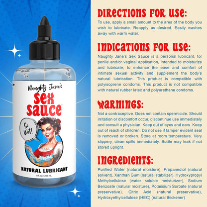 Naughty Jane's Sex Sauce Natural Lubricant 8oz – Water-Based, Glycerin-Free, Body Safe