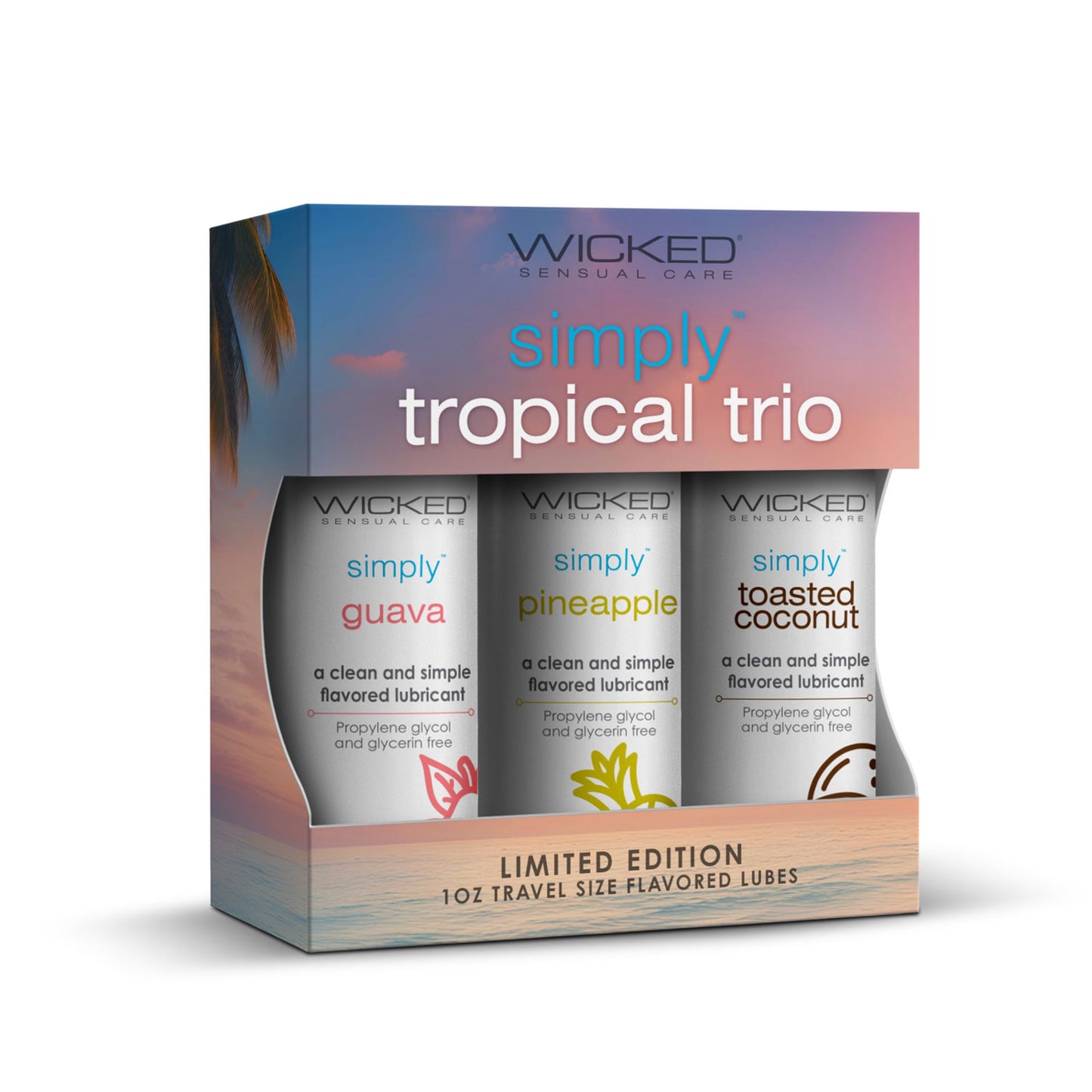 Wicked Simply Tropical Trio Flavored Lubes – Guava, Pineapple, Toasted Coconut – 1oz Travel Size