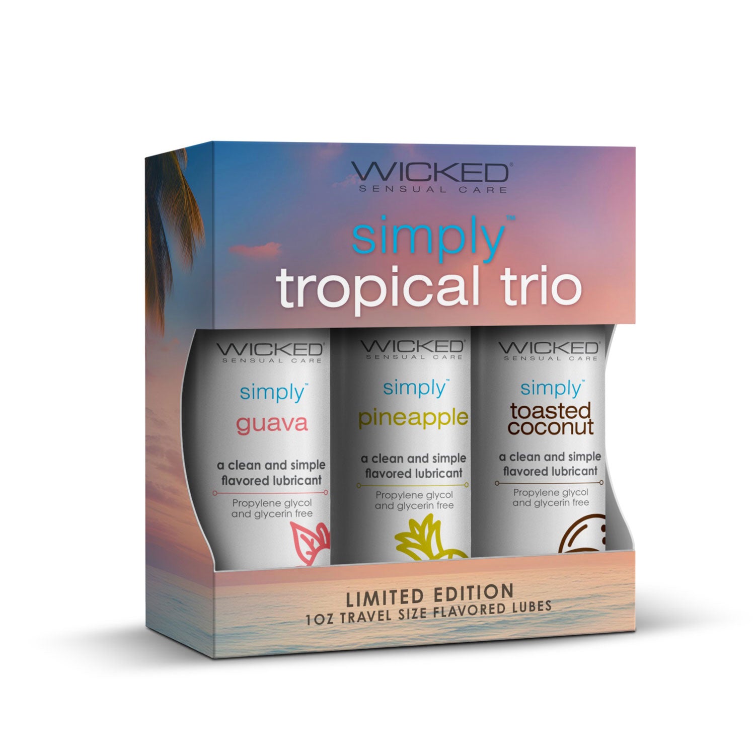 Wicked Simply Tropical Trio Flavored Lubes – Guava, Pineapple, Toasted Coconut – 1oz Travel Size