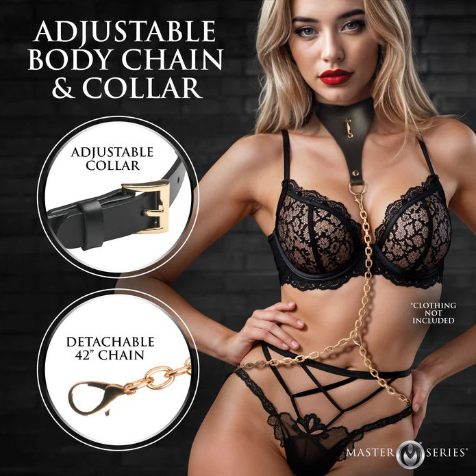 XR Brands Captivate Collar with Body Chain - Black - Adjustable Vegan-Leather Bondage Collar