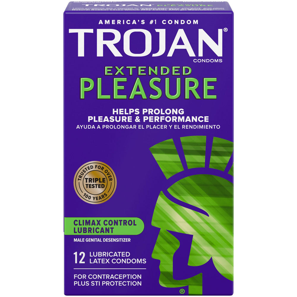 Trojan Extended Pleasure Condoms - Climax Control Lubricant - 12 Pack