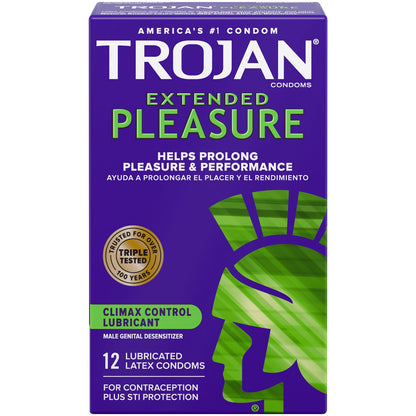 Trojan Extended Pleasure Condoms - Climax Control Lubricant - 12 Pack
