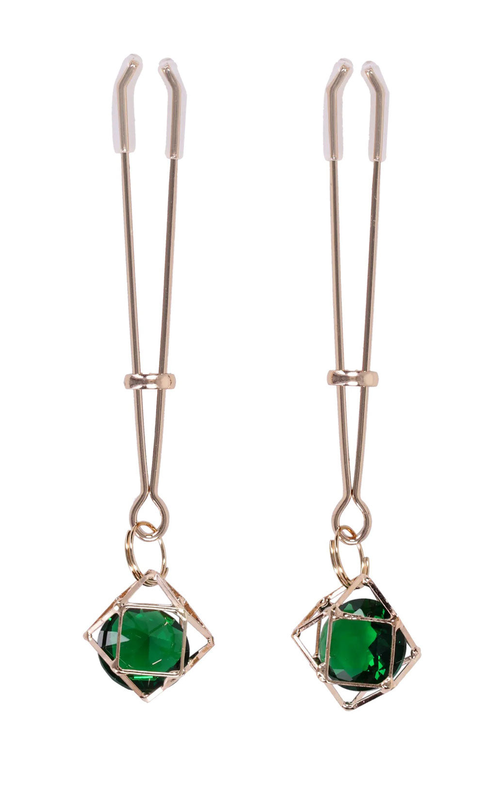 Indica Crystal Nipple Clips – Adjustable Tension with Green Gem and Gold Hardware