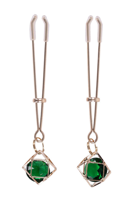 Indica Crystal Nipple Clips – Adjustable Tension with Green Gem and Gold Hardware