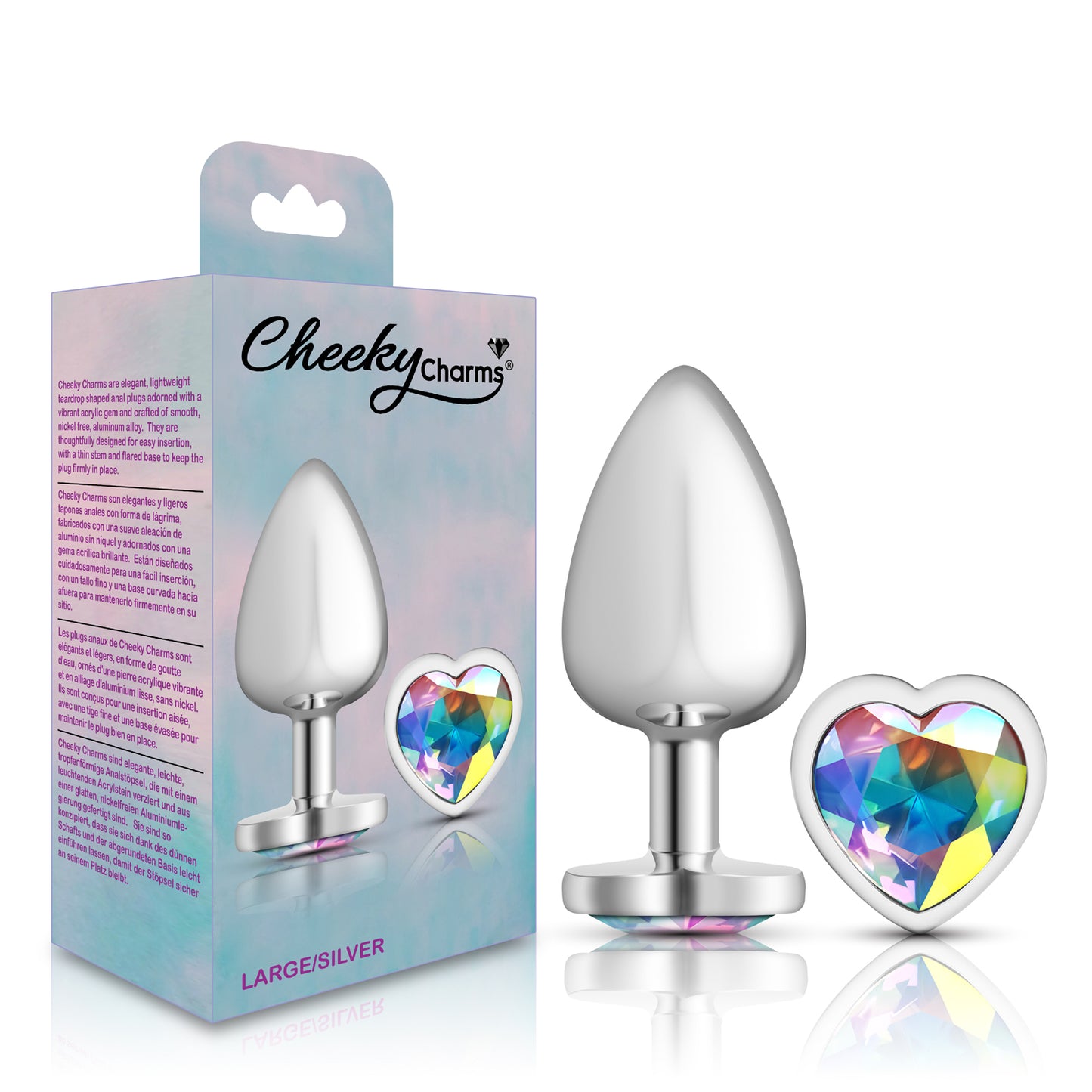 Cheeky Charms Clear Iridescent Heart Gem Large Anal Plug - Silver