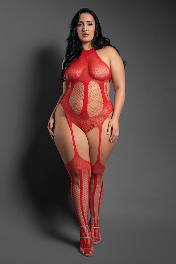 Fantasy Lingerie Stripped Down Teddy Bodystocking - Halter Style - Red