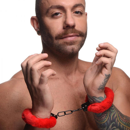 XR Brands Cuffed in Fur Furry Handcuffs - Red - Adjustable with Quick Release