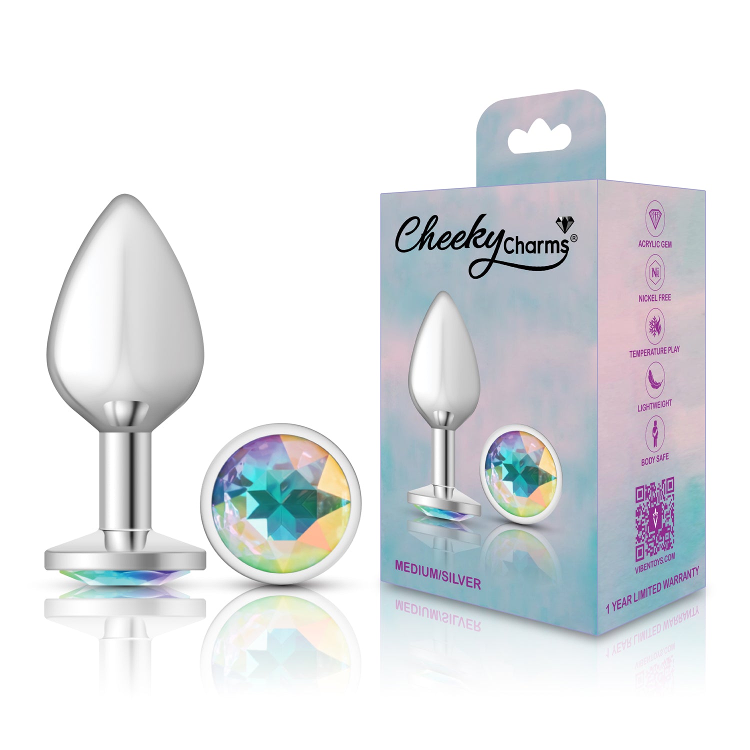 Cheeky Charms Medium Silver Metal Anal Plug with Clear Iridescent Gemstone