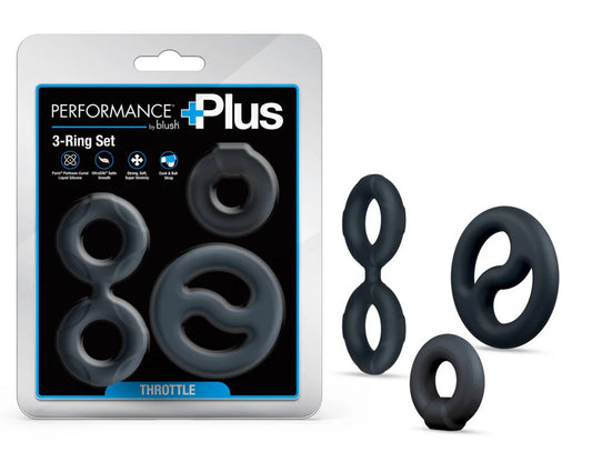 Blush Performance Plus Throttle 3-Piece Cock Ring and Ball Stretcher Set – Purio Platinum-Cured Liquid Silicone – Black